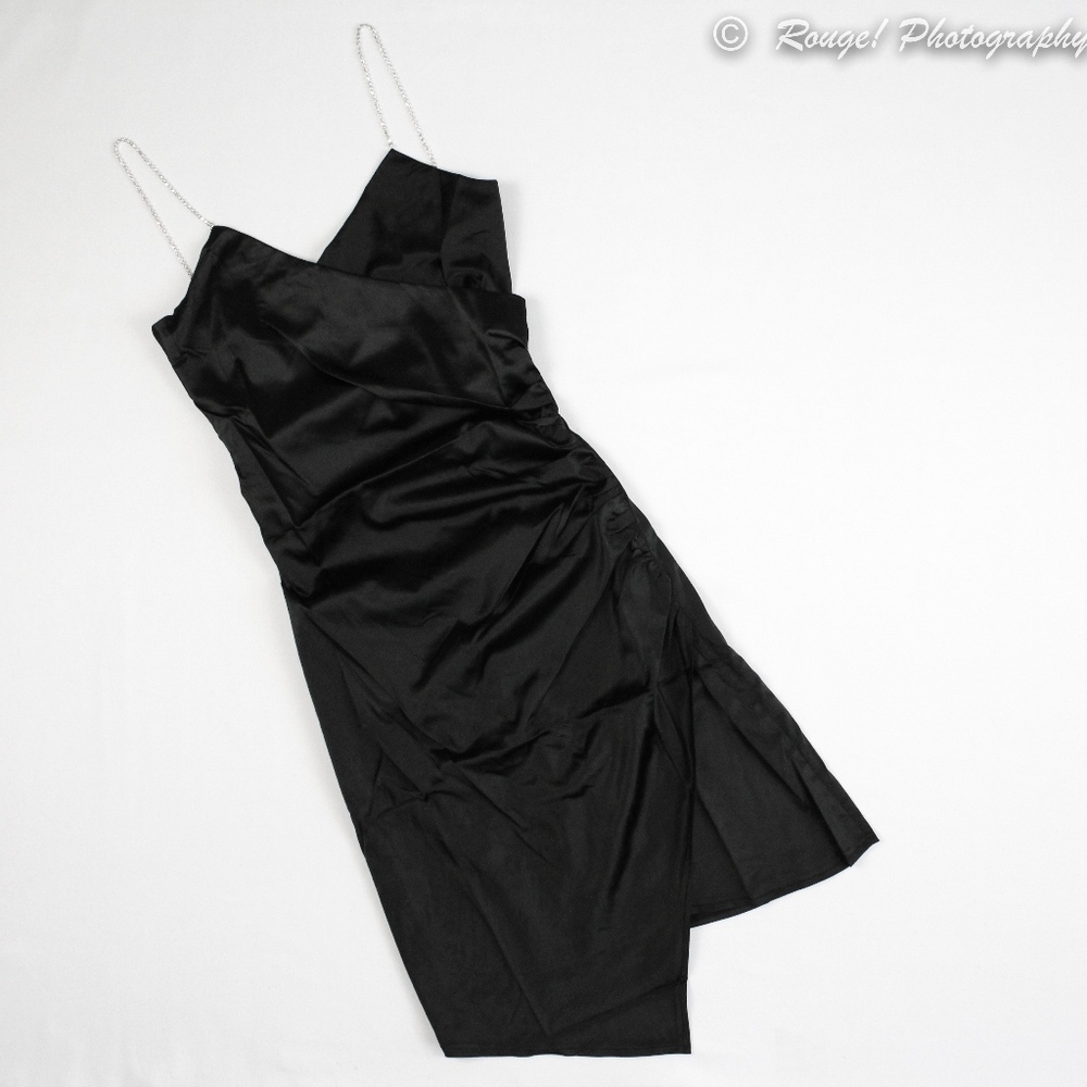 Black Satin Wrap Rhinestone Ruched Bodycon Dress - Picture 5 of 9
